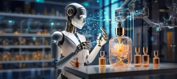Umělá inteligence v parfumerii – futuristická minimalistická ilustrace parfému a technologií