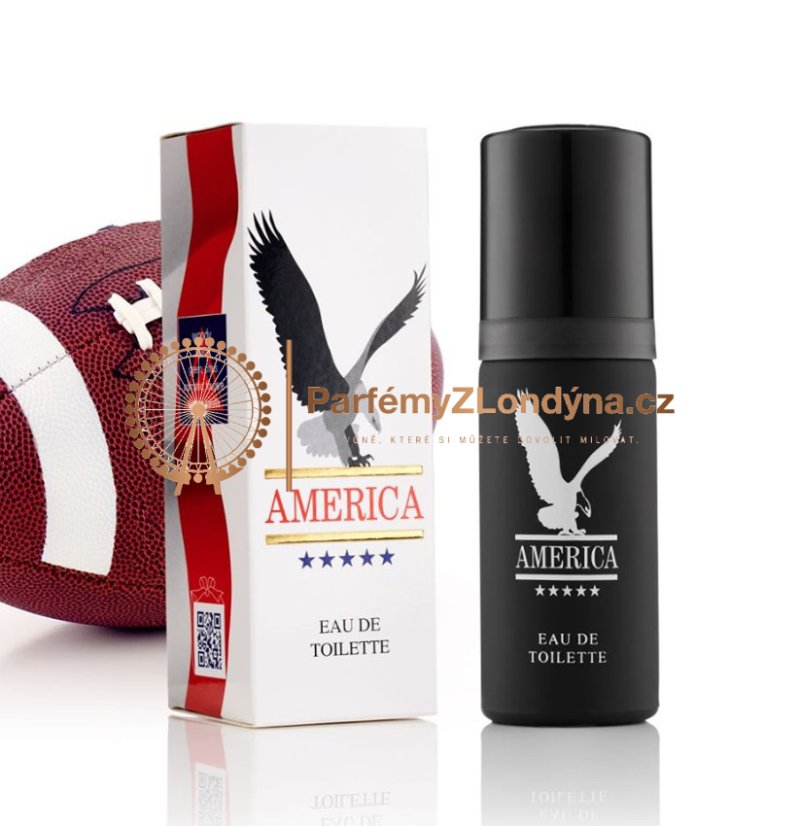 America pánská toaletní voda 50ml - flakon a krabička Milton-Lloyd v pozadí s fotbalovým míčem